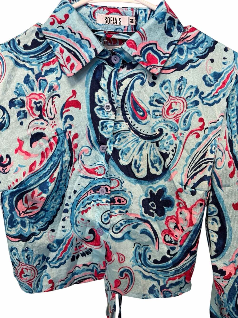 Long Sleeve sofia paisley Cropped Tie-Back Blouse